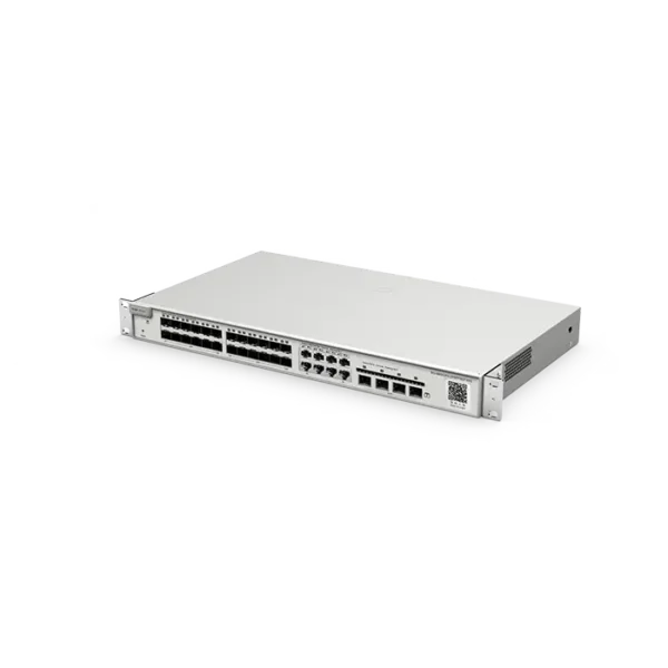 Image du switch RG‑NBS5200‑24SFP/8GT4XS, boîtier 1 U rack avec 24 ports SFP, 8 ports RJ‑45 Gigabit et 4 uplinks SFP+ 10 Gbps, design fanless.